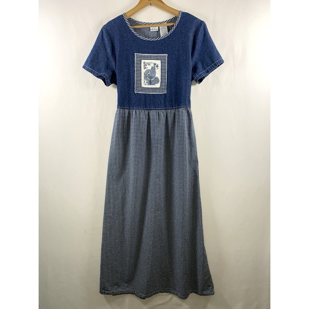 Vintage 90s Womens Cat Denim Tie Back Maxi Dress Sz L Cottage Country Homestead - Picture 2 of 14